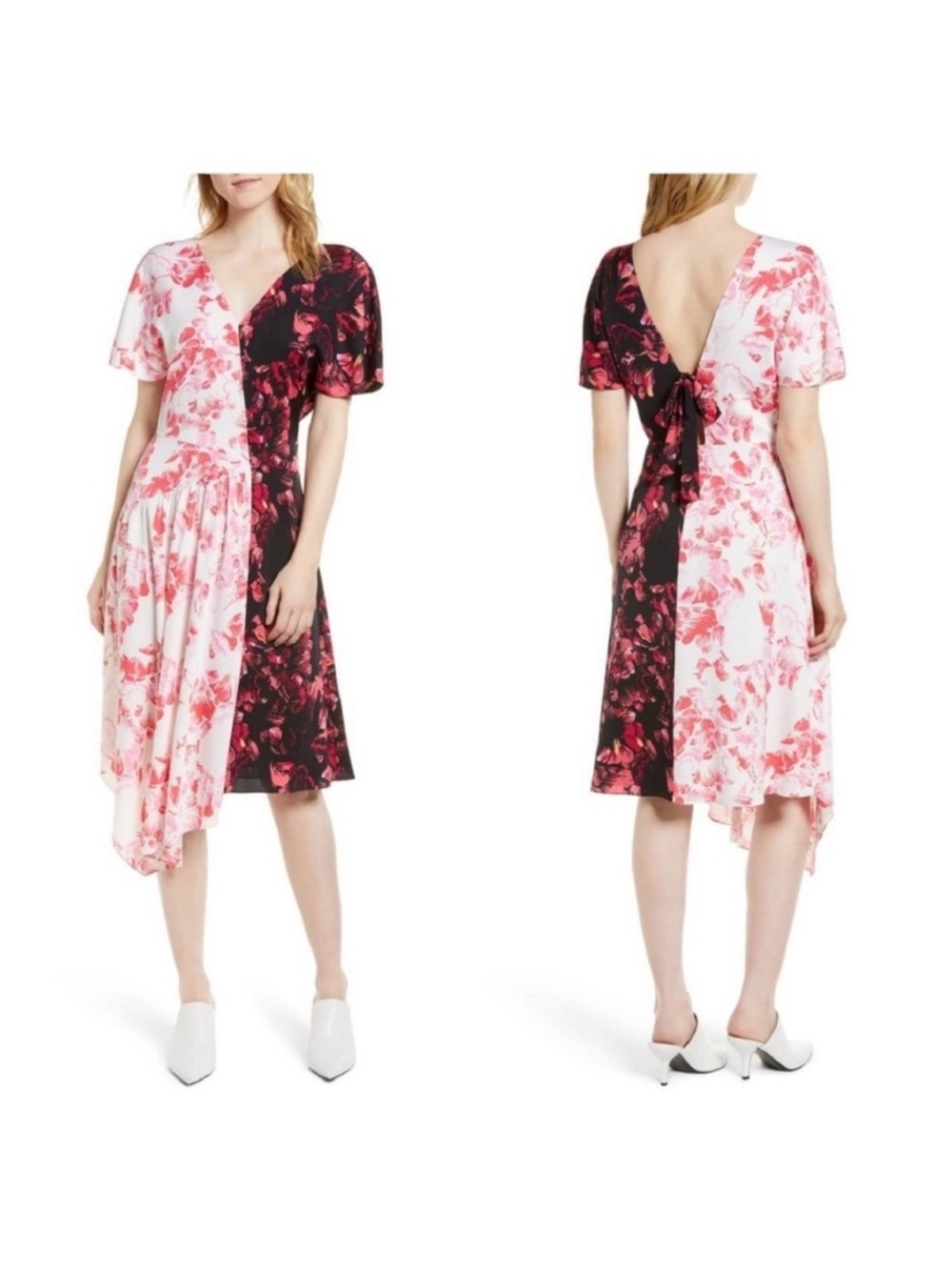 Lewit Floral Split-Panel color block silk V-Neck Midi Dress in Pink and Black